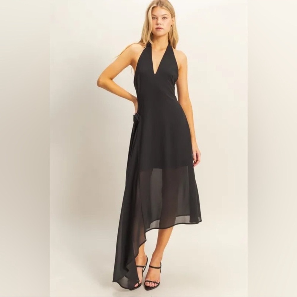 Black Halter Rosette Asymmetrical Dress - Picture 2 of 10